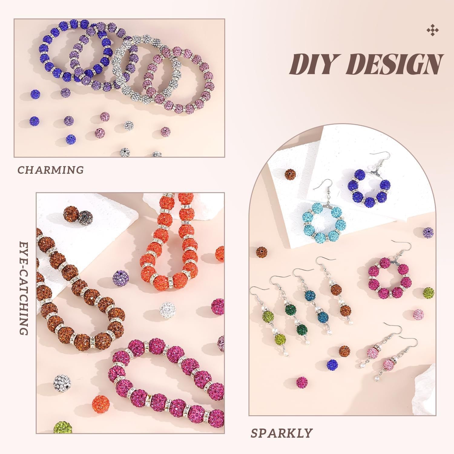 100pcs 10mm Rhinestone Beads Shiny Round Disco Ball Beads Bulk, Sparkle Crystal Clay