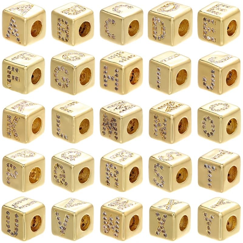 1PCS Gold Color 8x8mm Square A-Z Letter Beads