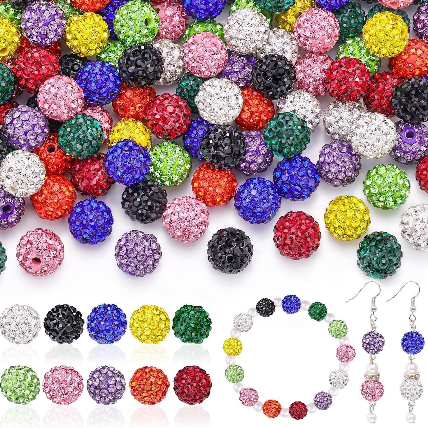 100pcs 10mm Rhinestone Beads Shiny Round Disco Ball Beads Bulk, Sparkle Crystal Clay