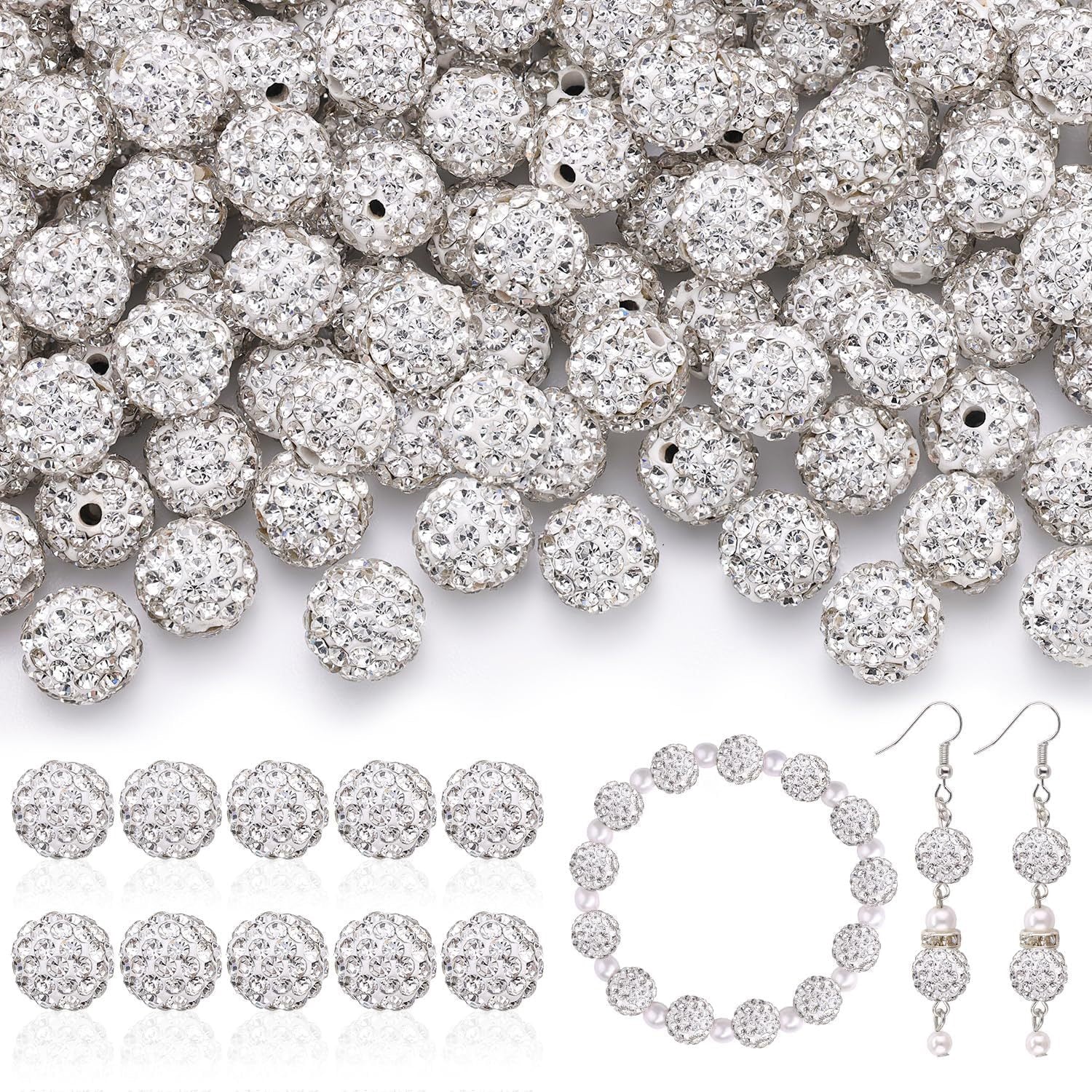 100pcs 10mm Rhinestone Beads Shiny Round Disco Ball Beads Bulk, Sparkle Crystal Clay