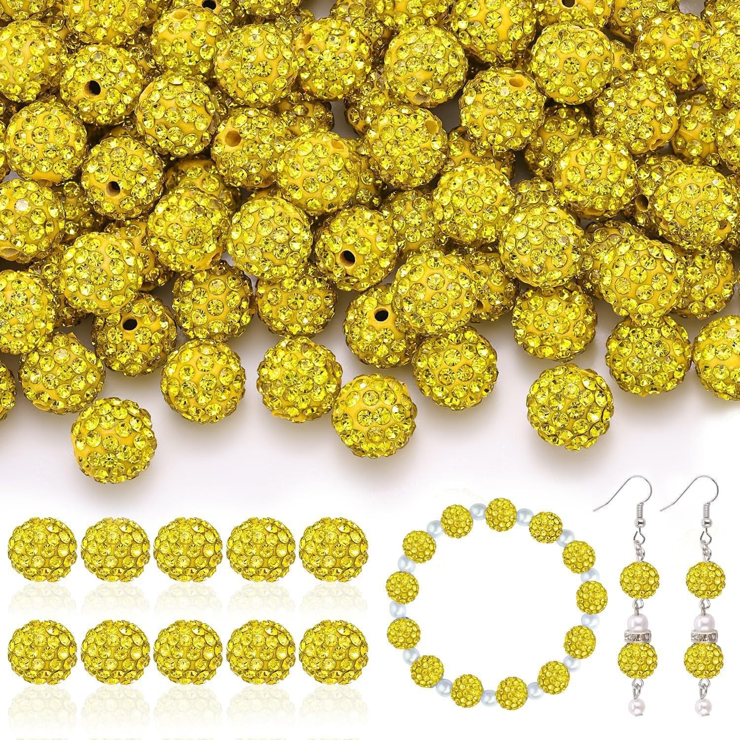 100pcs 10mm Rhinestone Beads Shiny Round Disco Ball Beads Bulk, Sparkle Crystal Clay