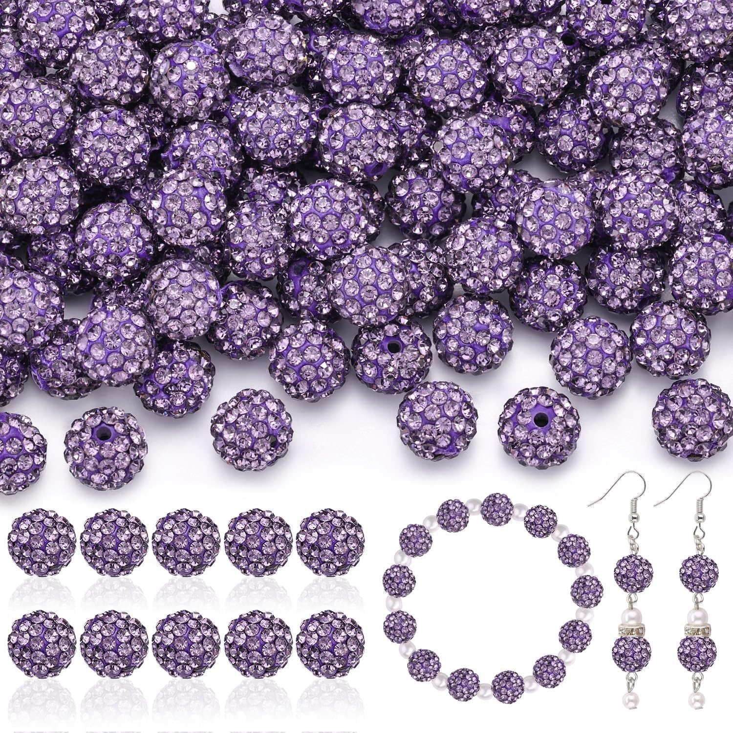 100pcs 10mm Rhinestone Beads Shiny Round Disco Ball Beads Bulk, Sparkle Crystal Clay
