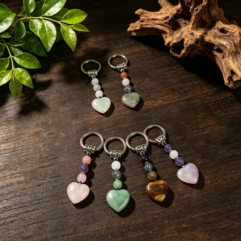Healing Crystal Heart Shape Keychains Set