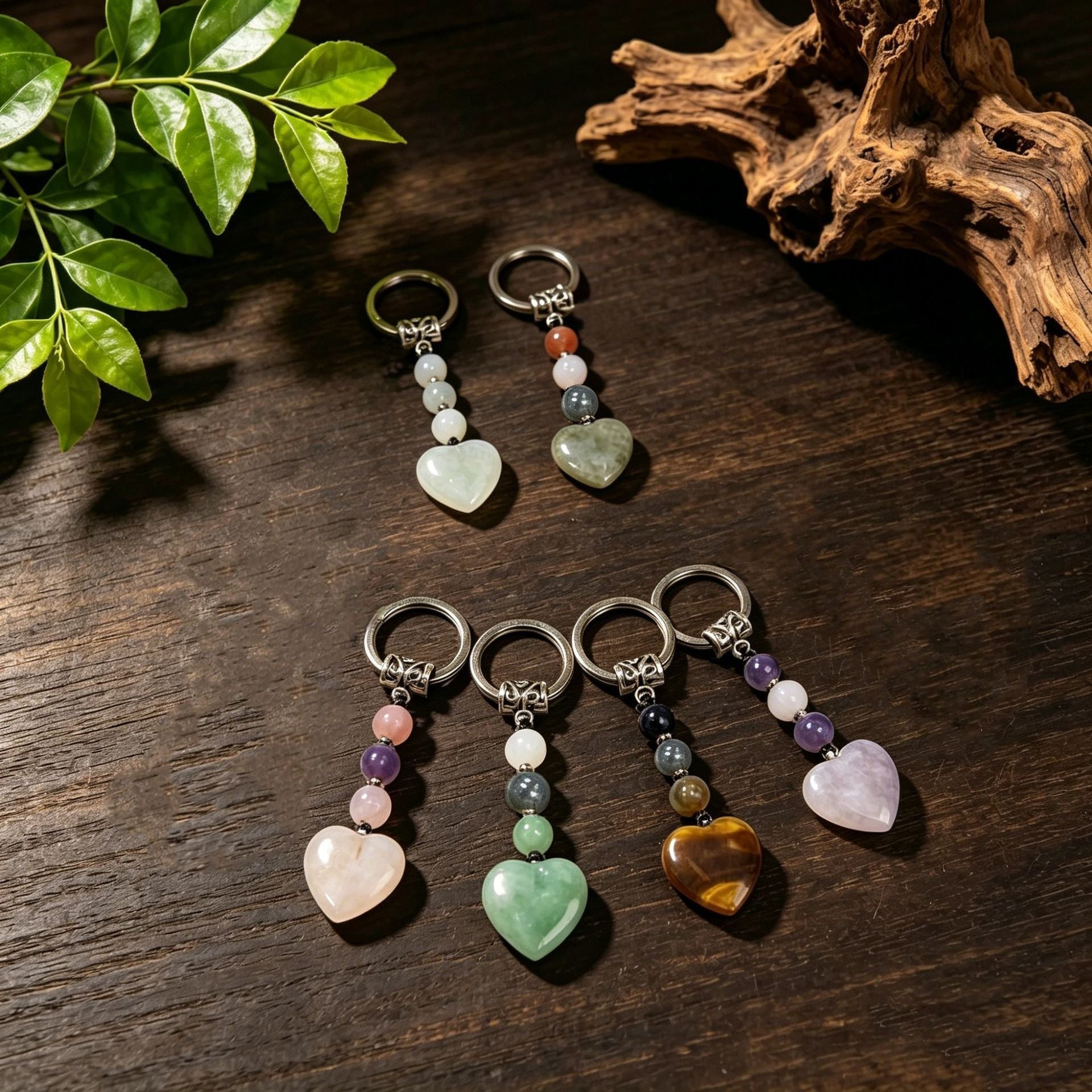 Healing Crystal Heart Shape Keychains Set