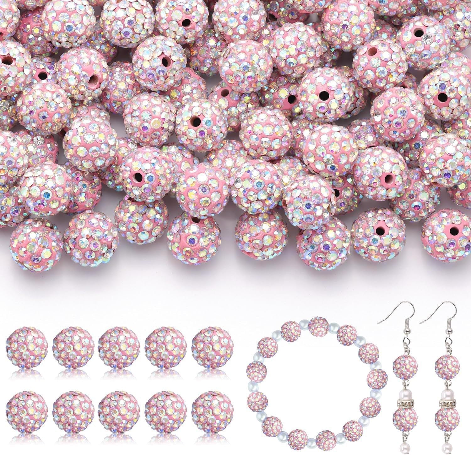 100pcs 10mm Rhinestone Beads Shiny Round Disco Ball Beads Bulk, Sparkle Crystal Clay