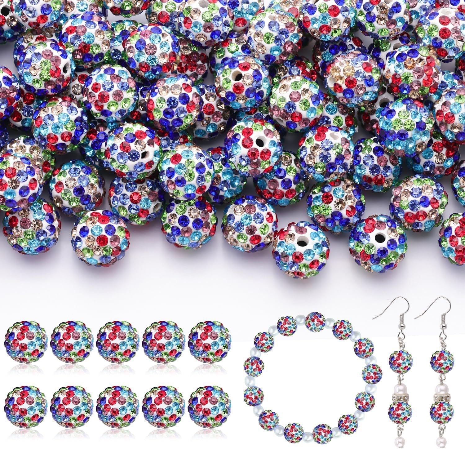 100pcs 10mm Rhinestone Beads Shiny Round Disco Ball Beads Bulk, Sparkle Crystal Clay