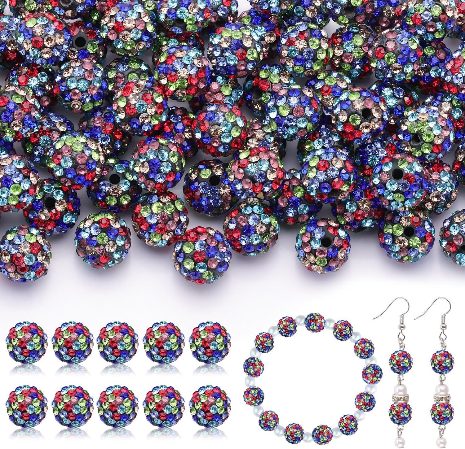100pcs 10mm Rhinestone Beads Shiny Round Disco Ball Beads Bulk, Sparkle Crystal Clay