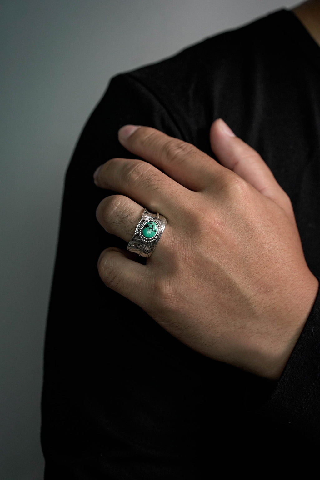 Takahashi Goro Mens Feather 925 Sterling Silver Natural Turquoise Ring