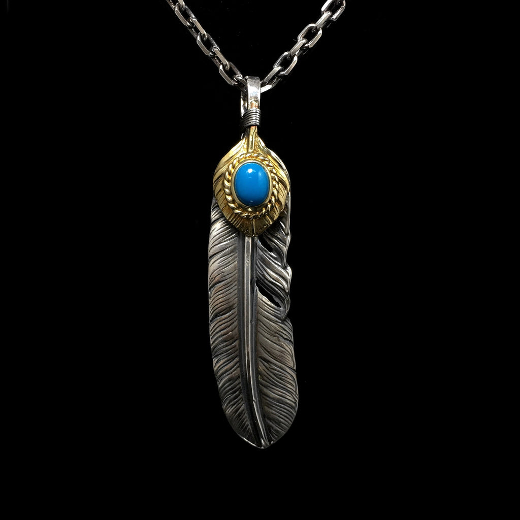 Native American Jewelry Left Feather Leaf Retro 925 Silver Goro Takahashi Pendant with Blue Turquoise