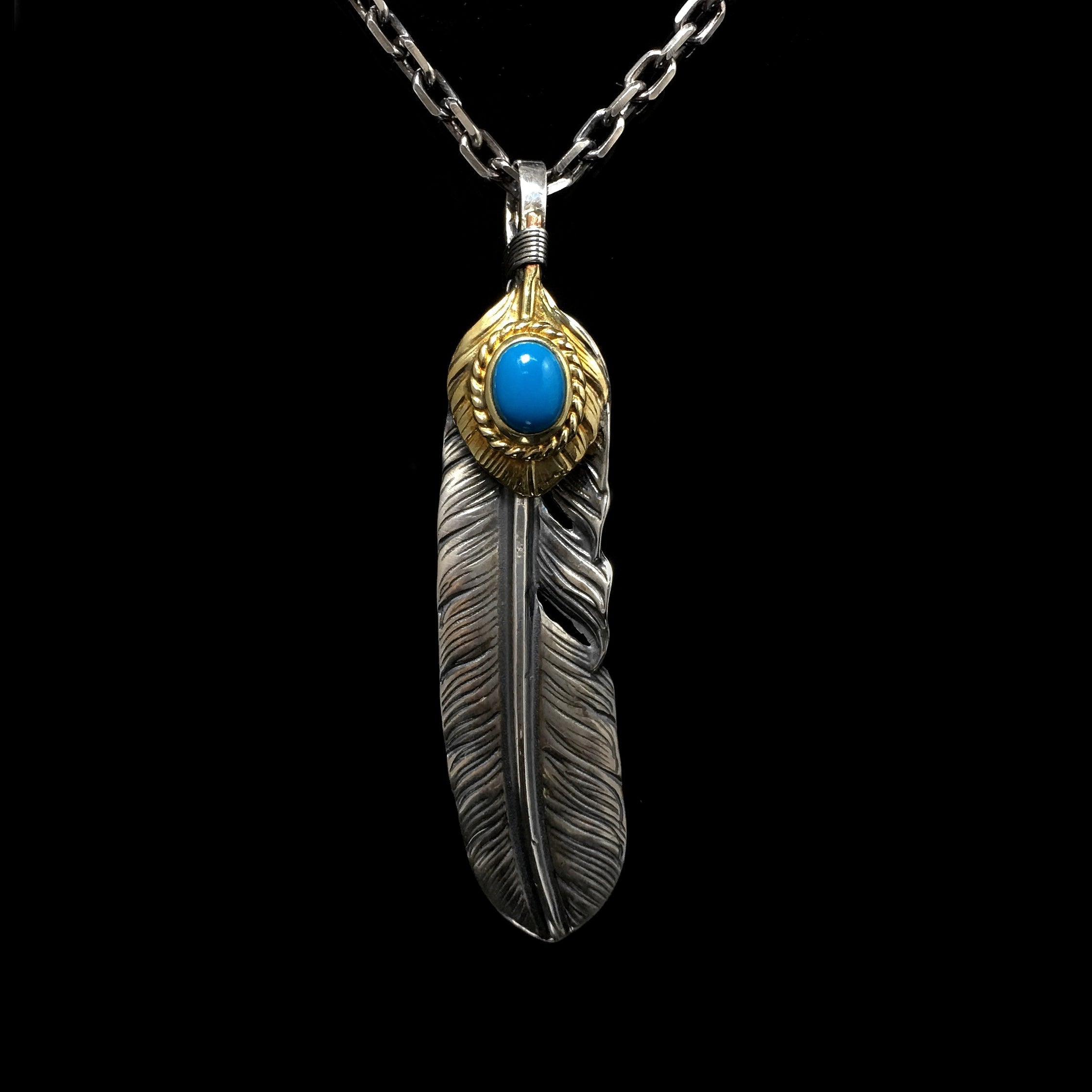 Native American Jewelry Left Feather Leaf Retro 925 Silver Goro Takahashi Pendant with Blue Turquoise