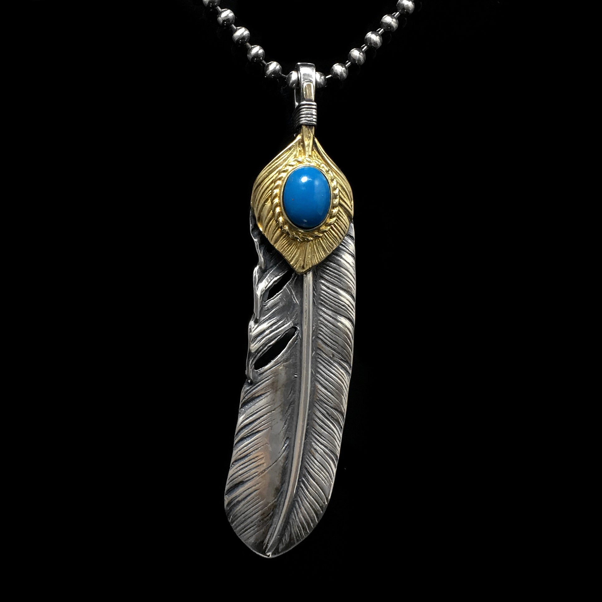 Right Feather Leaf Retro 925 Silver Goro Takahashi Pendant with Turquoise