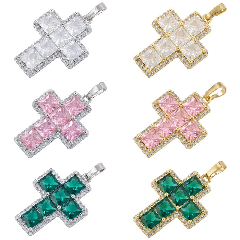 1Pcs Cross Pendants Brass Cubic Zirconia Cross Charms Necklaces