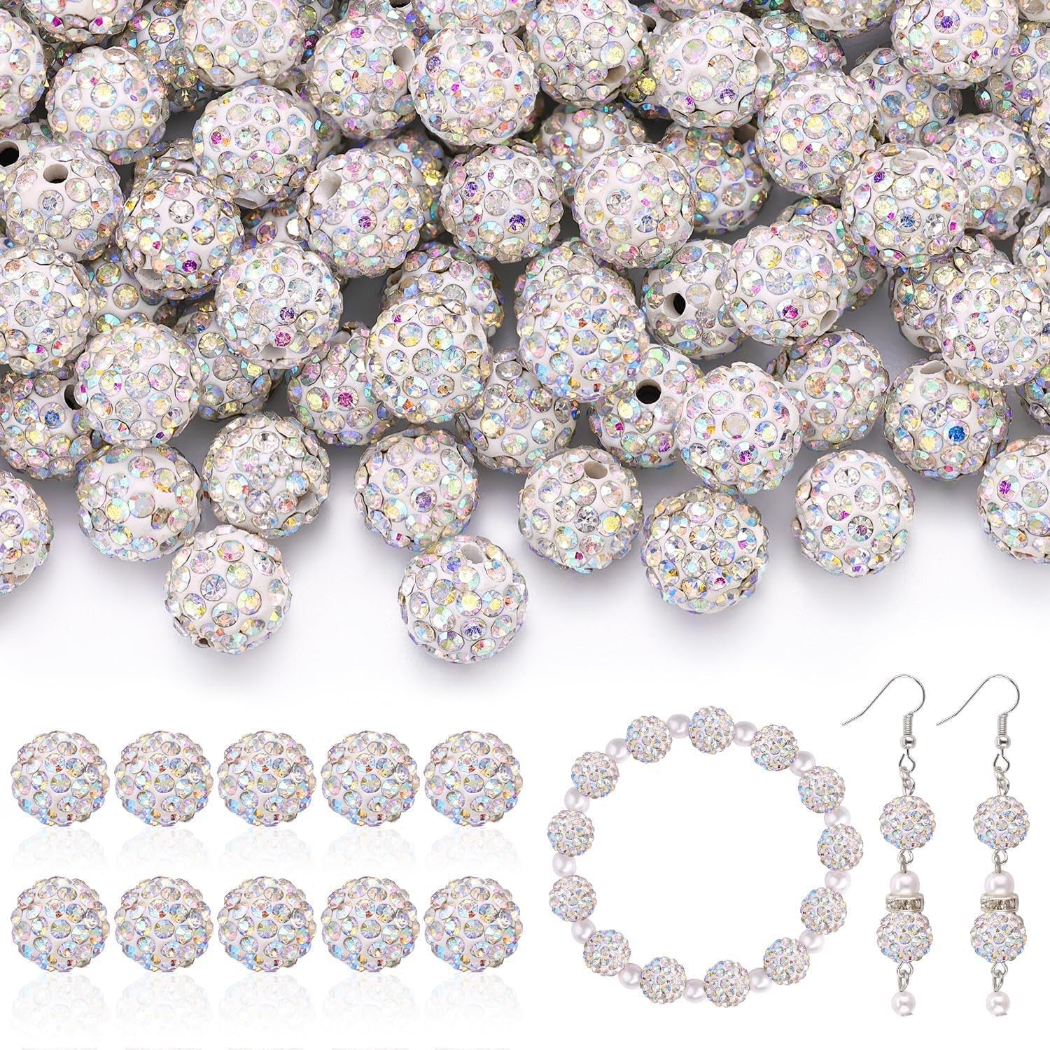 100pcs 10mm Rhinestone Beads Shiny Round Disco Ball Beads Bulk, Sparkle Crystal Clay