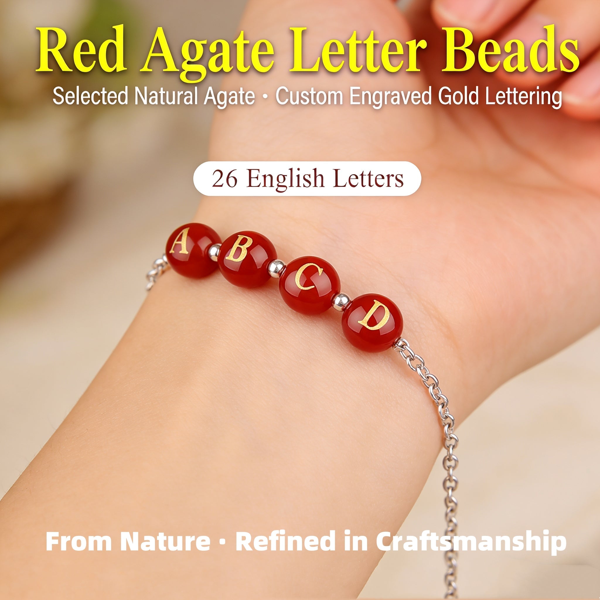 Natural Red Agate Beads - 26 Alphabet Loose Beads for Engraving Customization DIY
