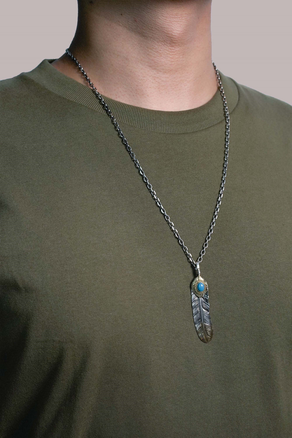 Left John Mayer Necklace Feather Leaf Retro 925 Silver Goro Takahashi Pendant with Brass Turquoise