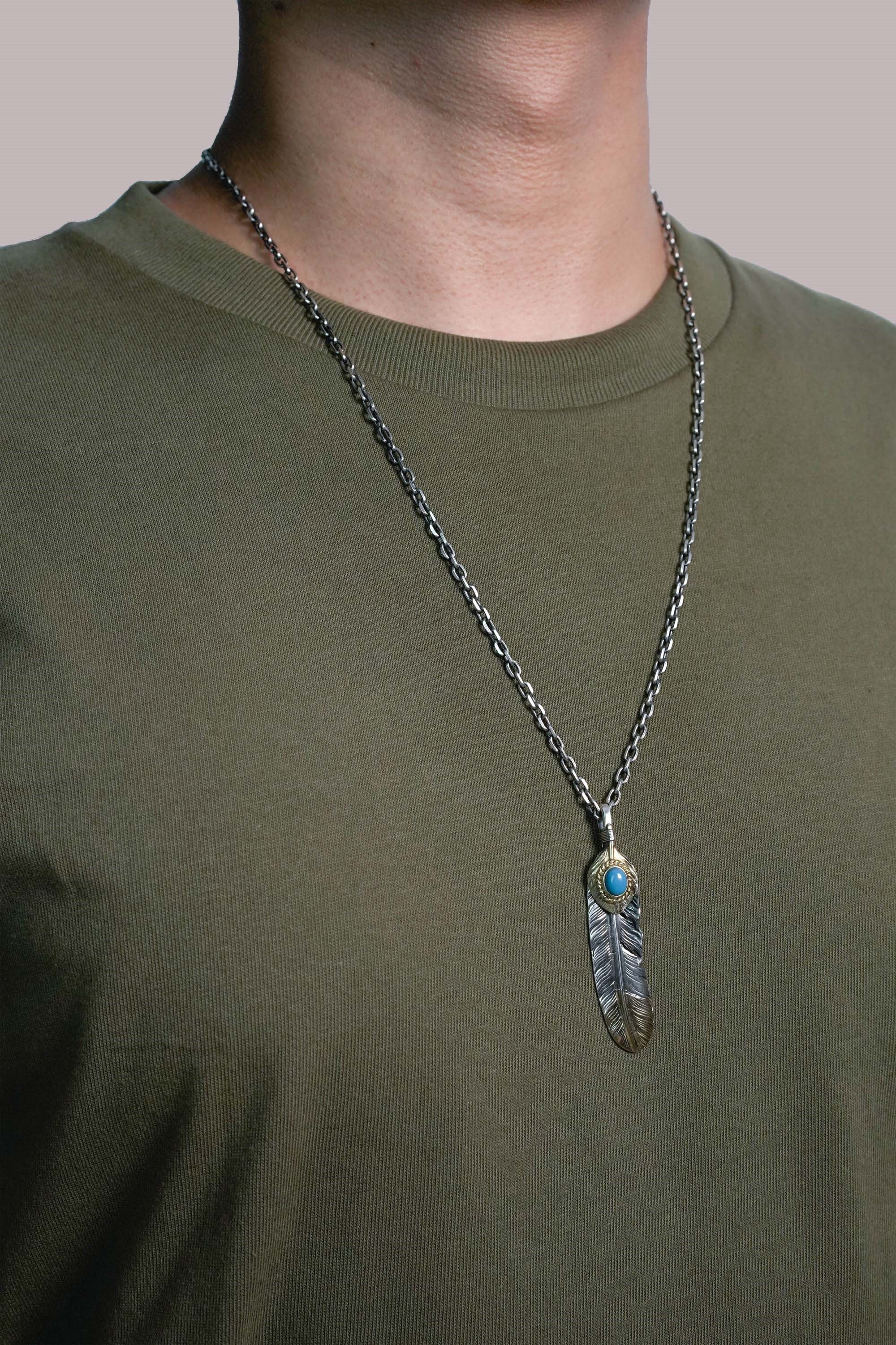 Left John Mayer Necklace Feather Leaf Retro 925 Silver Goro Takahashi Pendant with Brass Turquoise