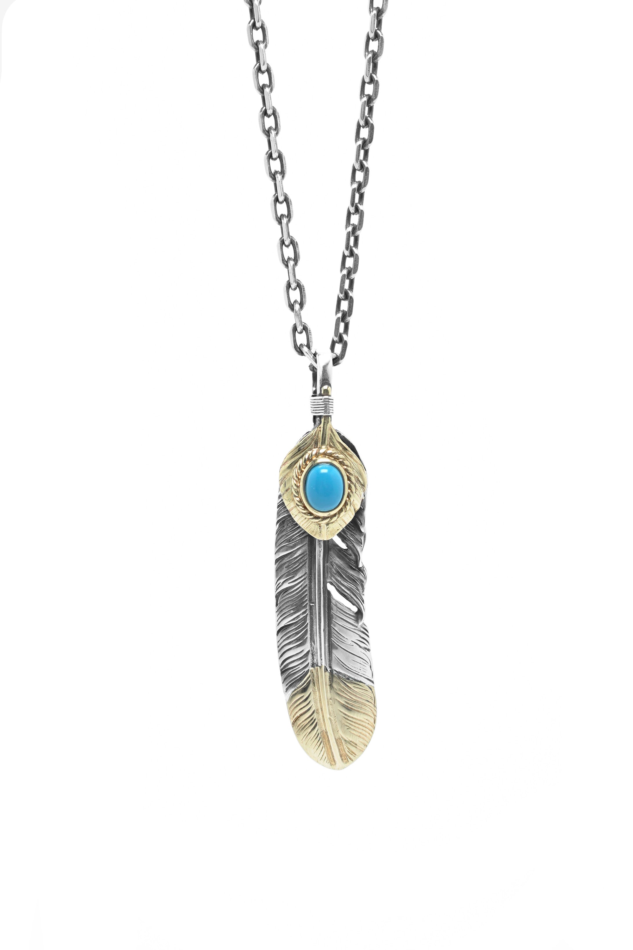 Left John Mayer Necklace Feather Leaf Retro 925 Silver Goro Takahashi Pendant with Brass Turquoise