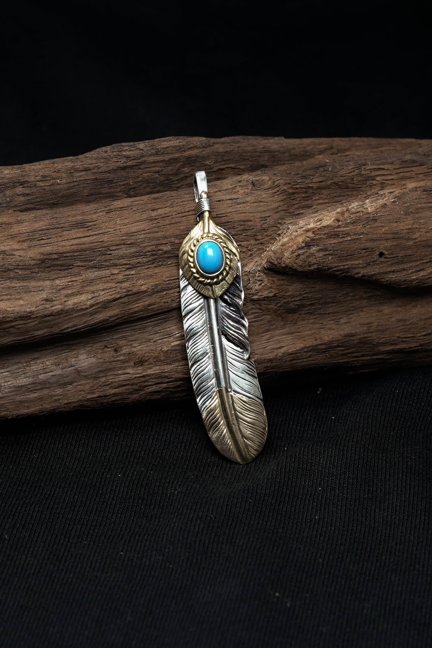 Left John Mayer Necklace Feather Leaf Retro 925 Silver Goro Takahashi Pendant with Brass Turquoise