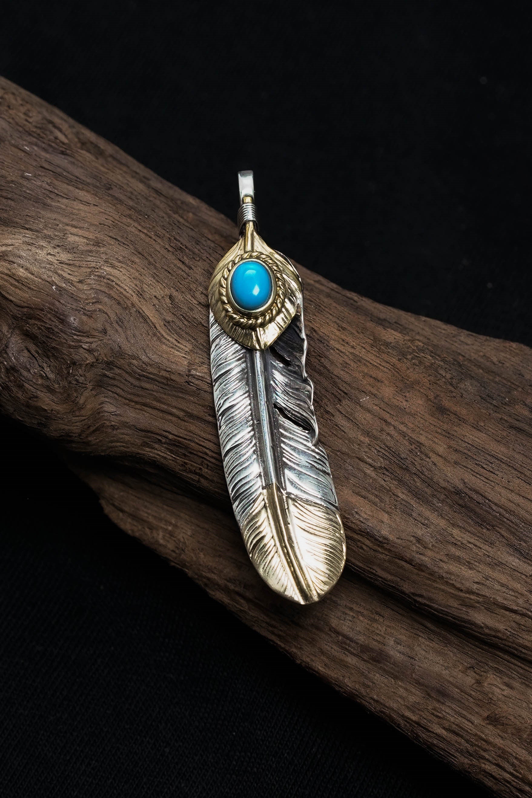 Left John Mayer Necklace Feather Leaf Retro 925 Silver Goro Takahashi Pendant with Brass Turquoise