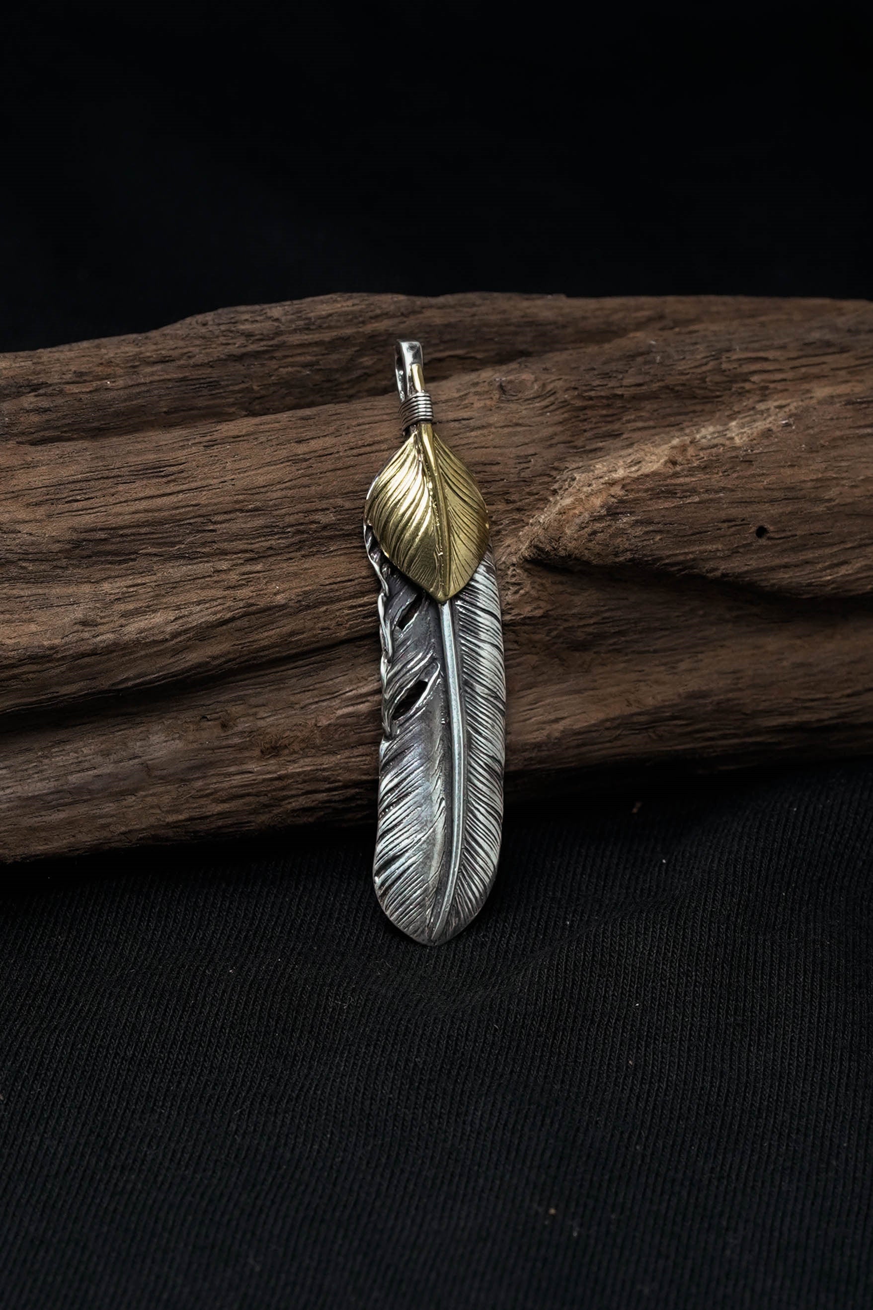 Right Feather Brass Leaf Retro 925 Silver Pendant Japan Takahashi Goro