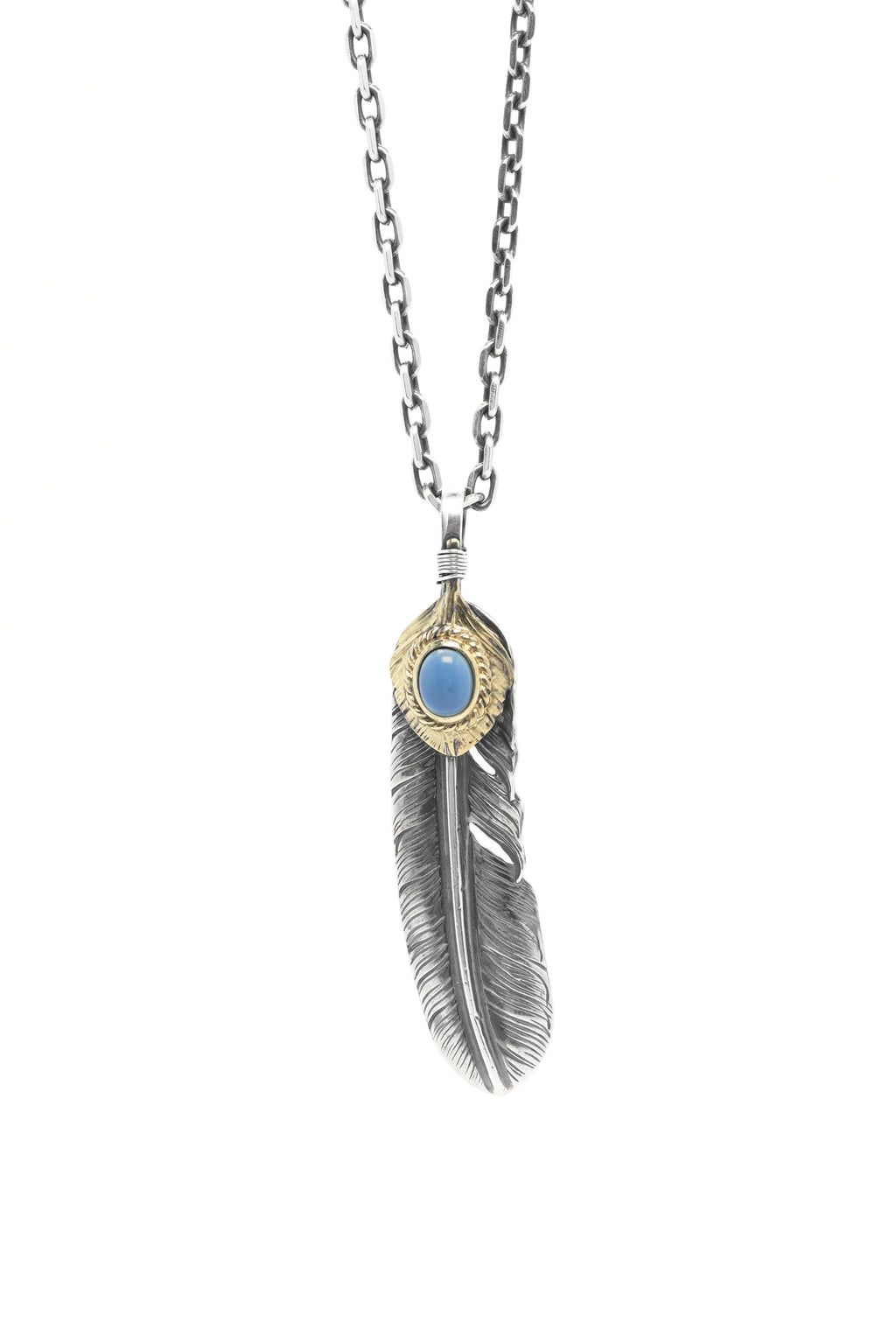 Native American Jewelry Left Feather Leaf Retro 925 Silver Goro Takahashi Pendant with Blue Turquoise