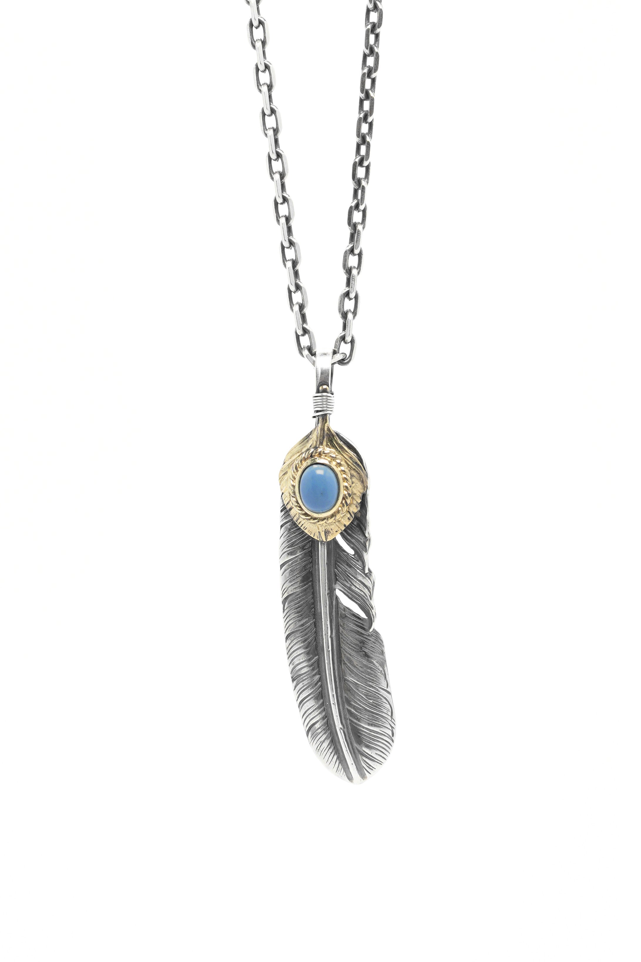 Native American Jewelry Left Feather Leaf Retro 925 Silver Goro Takahashi Pendant with Blue Turquoise