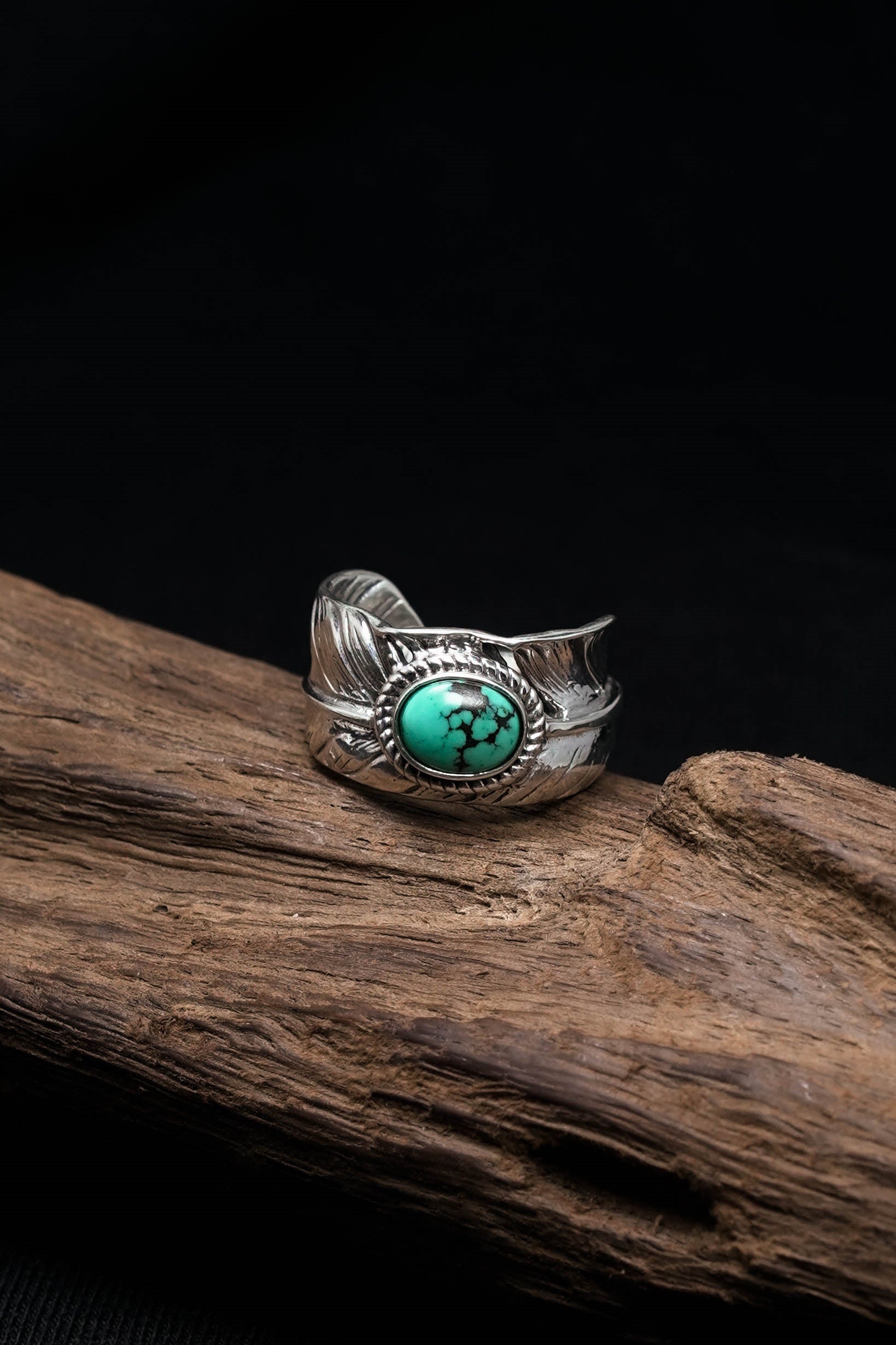 Takahashi Goro Mens Feather 925 Sterling Silver Natural Turquoise Ring