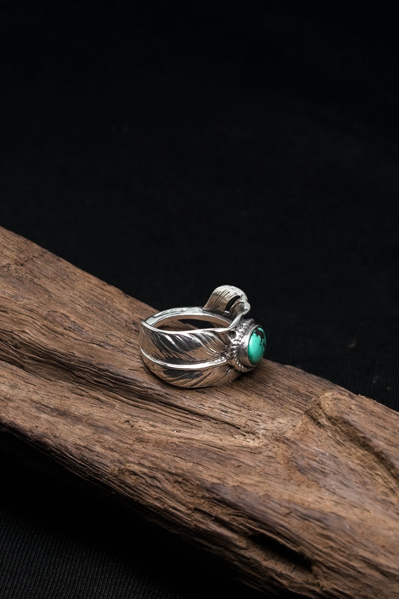 Takahashi Goro Mens Feather 925 Sterling Silver Natural Turquoise Ring