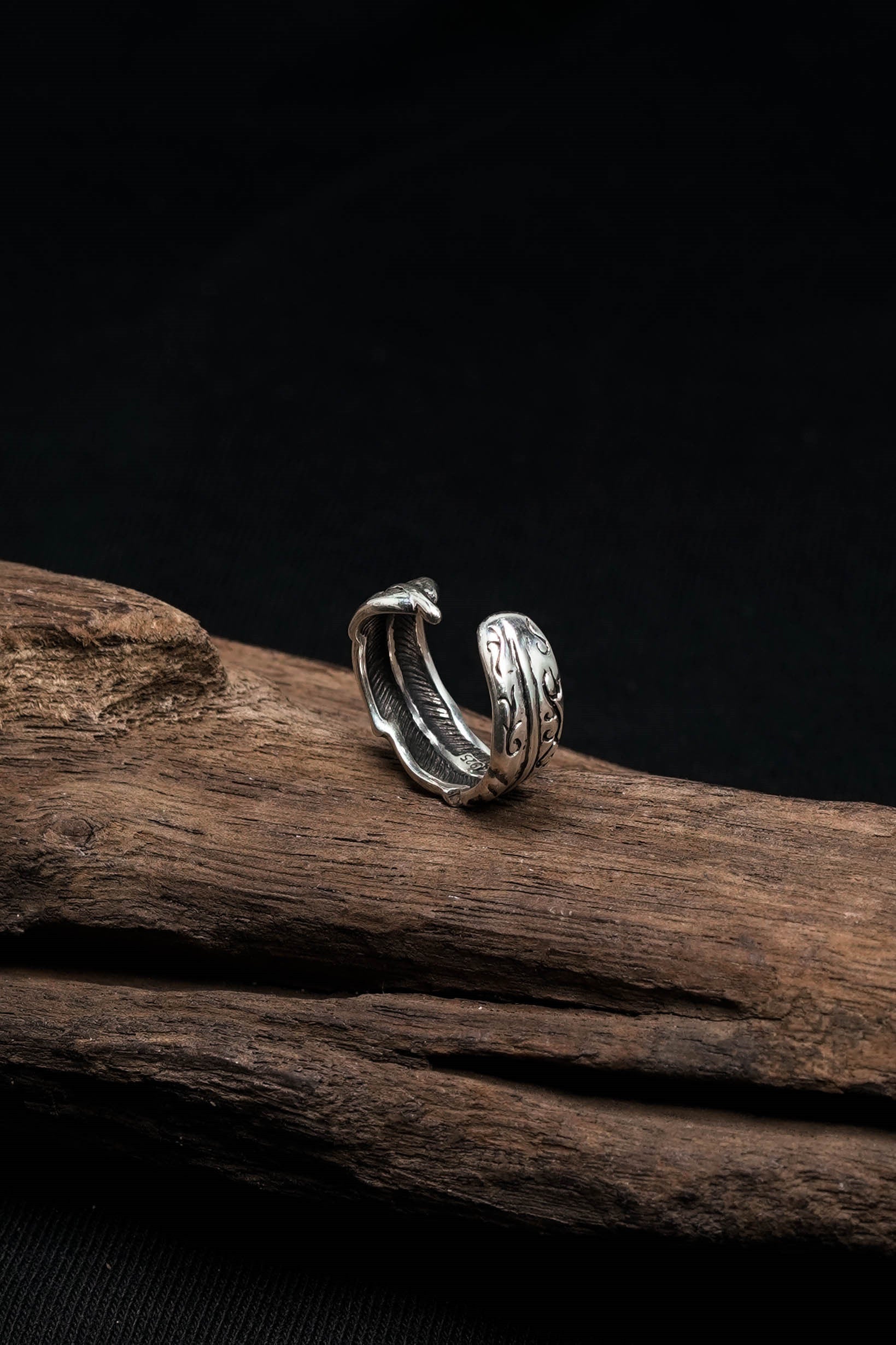 Retro 925 Sterling Silver Open Feather Ring