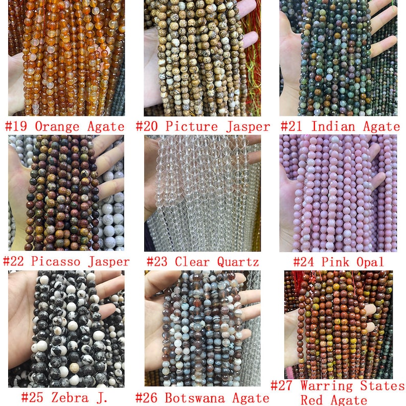 Natural Faceted Gemstone Beads 4mm 6mm 8mm 10mm Cut Stone Round Loose Bead Agate Crystal Quartz Gemstone Spacer Beads for DIY Jewelry Making