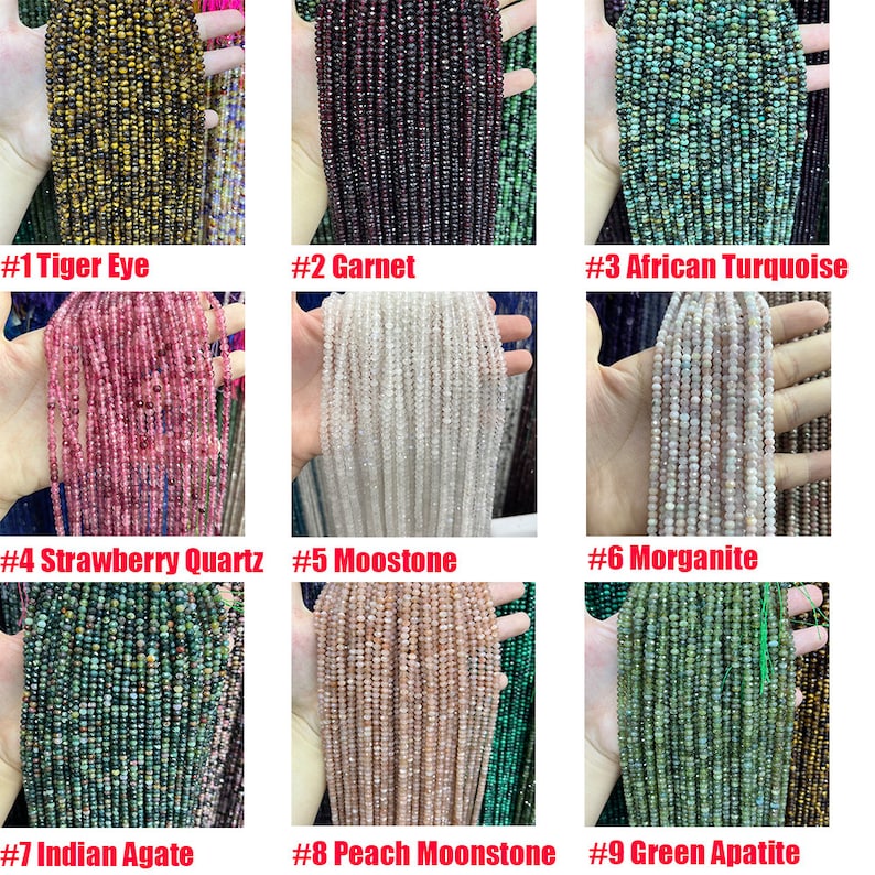 Natural Crystal Agate Stone Faceted Rondelle Beads 2*3mm 3*4-4.5mm Gemstone Rondelle Shape Cut Bead Round Loose Beads for DIY Jewelry Making