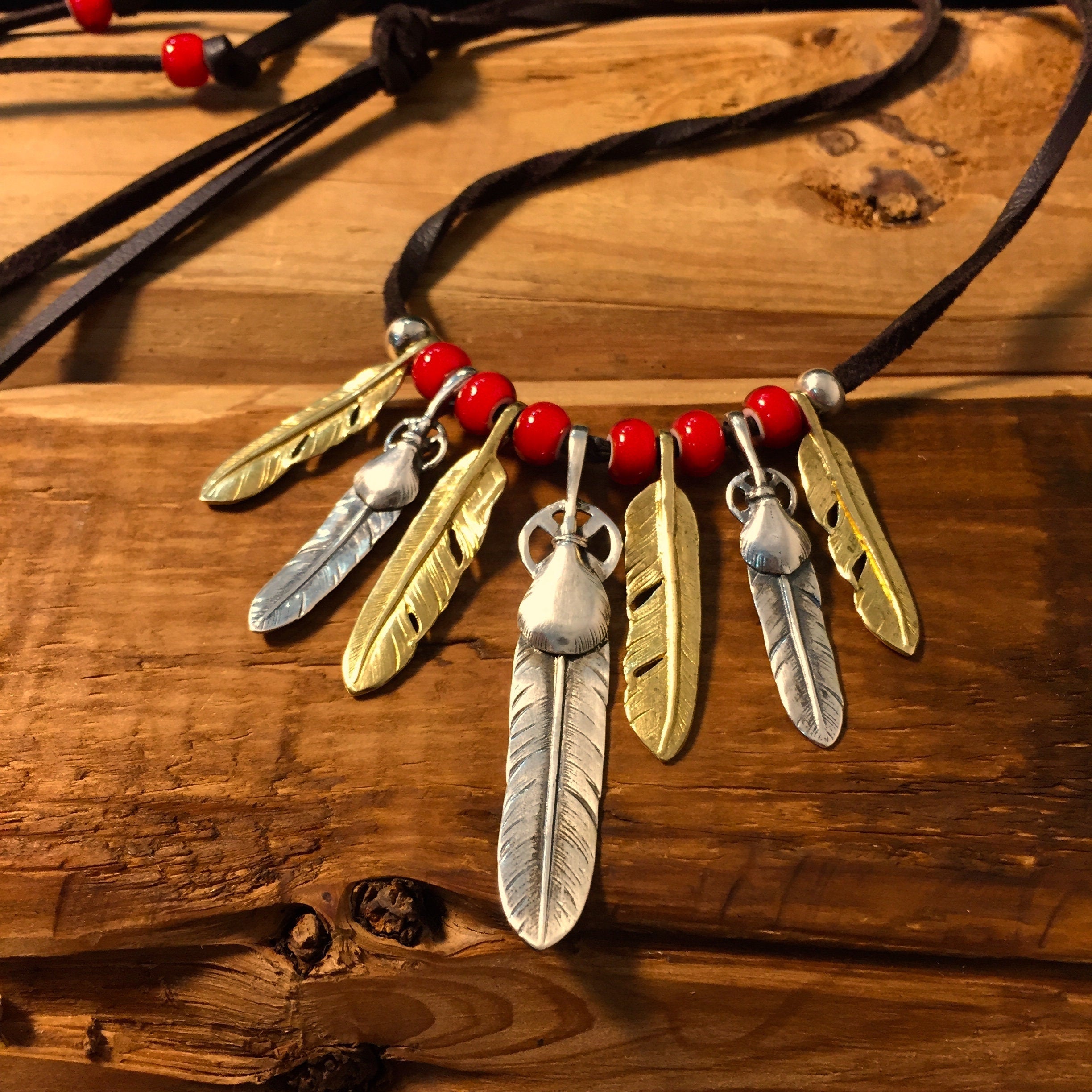 Japan Takahashi Goro Silver Feather Leather Necklace Big Feather 8x50mm Small Feather 6x33mm Retro Sterling 925 Silver Hip Hop style 44cm