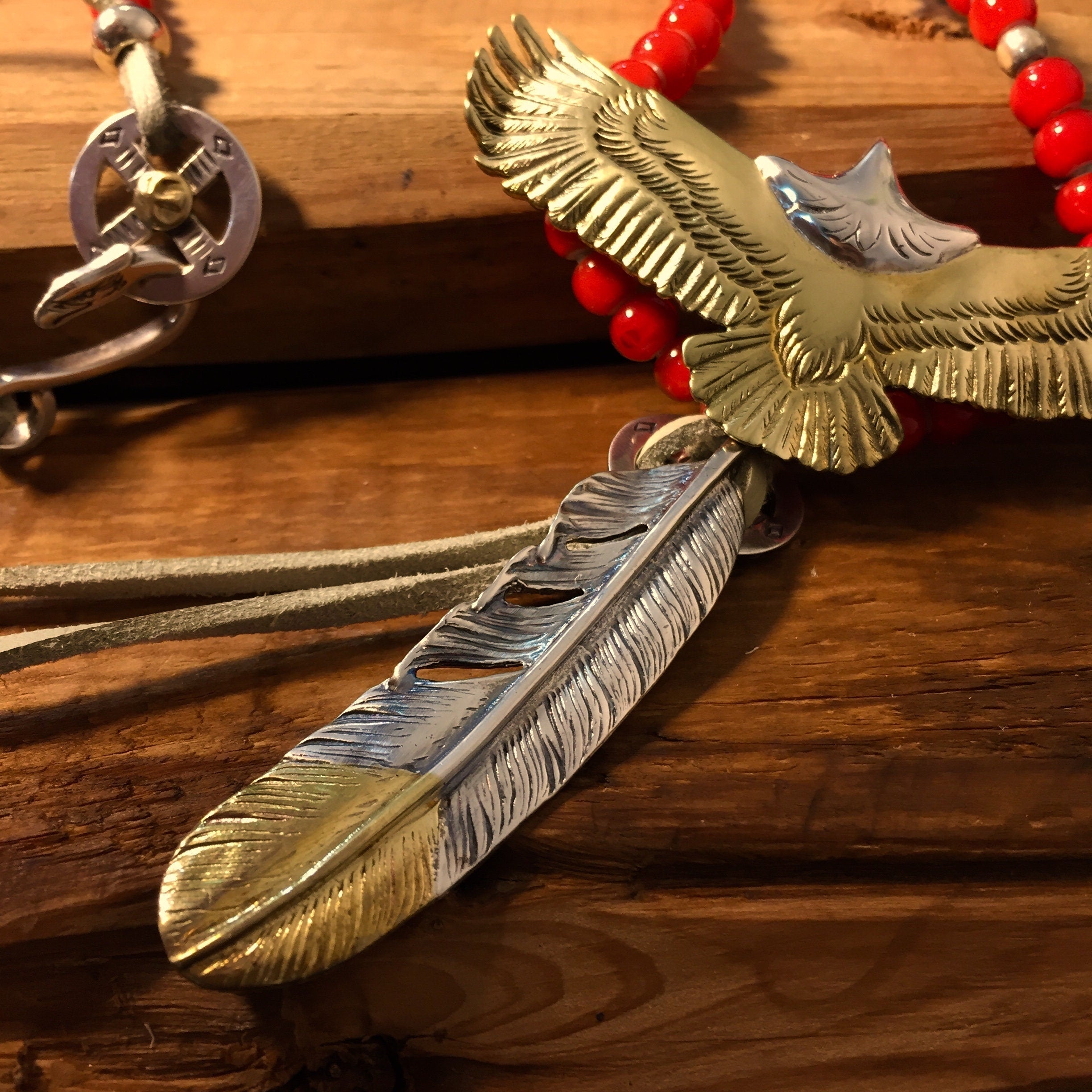 Japan Takahashi Goro Silver Feather Leather Necklace Right Feather 66x14mm Eagle 30x70mm Retro Sterling 925 Silver Hip Hop style Necklace