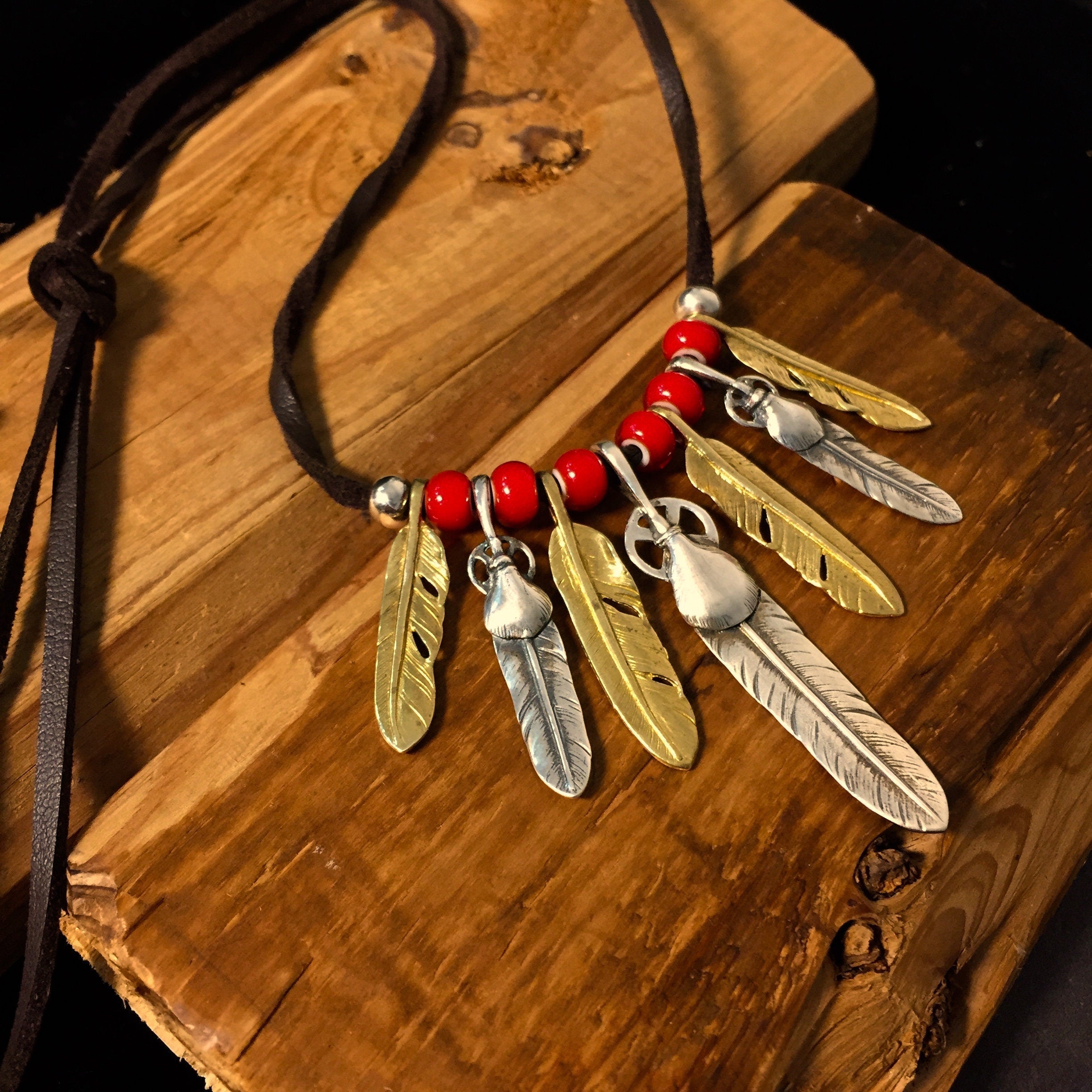 Japan Takahashi Goro Silver Feather Leather Necklace Big Feather 8x50mm Small Feather 6x33mm Retro Sterling 925 Silver Hip Hop style 44cm