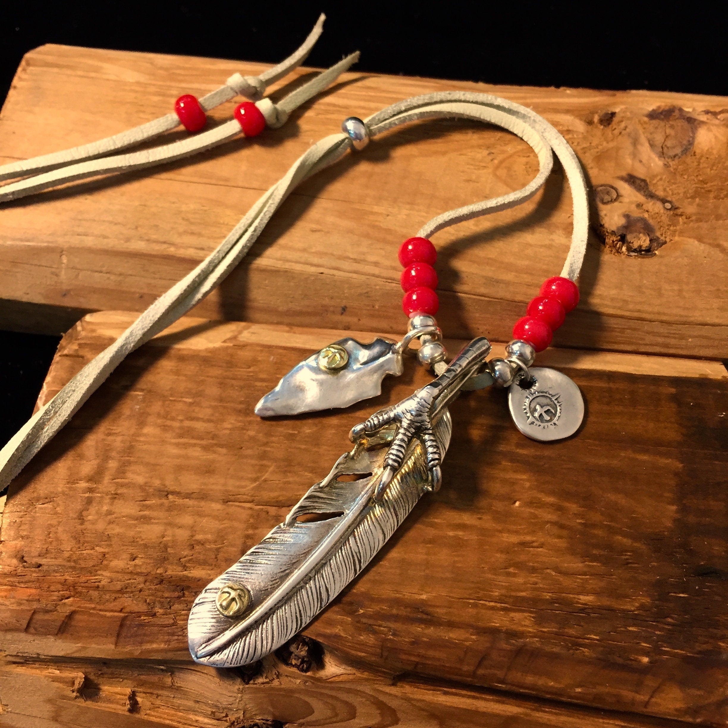 Japan Takahashi Goro Silver Feather Claw Leather Necklace Right Feather66x14mm Retro Sterling 925 Silver Hip Hop style Fashion Necklace 44cm