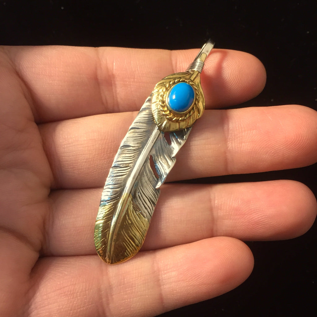 Left John Mayer Necklace Feather Leaf Retro 925 Silver Goro Takahashi Pendant with Brass Turquoise