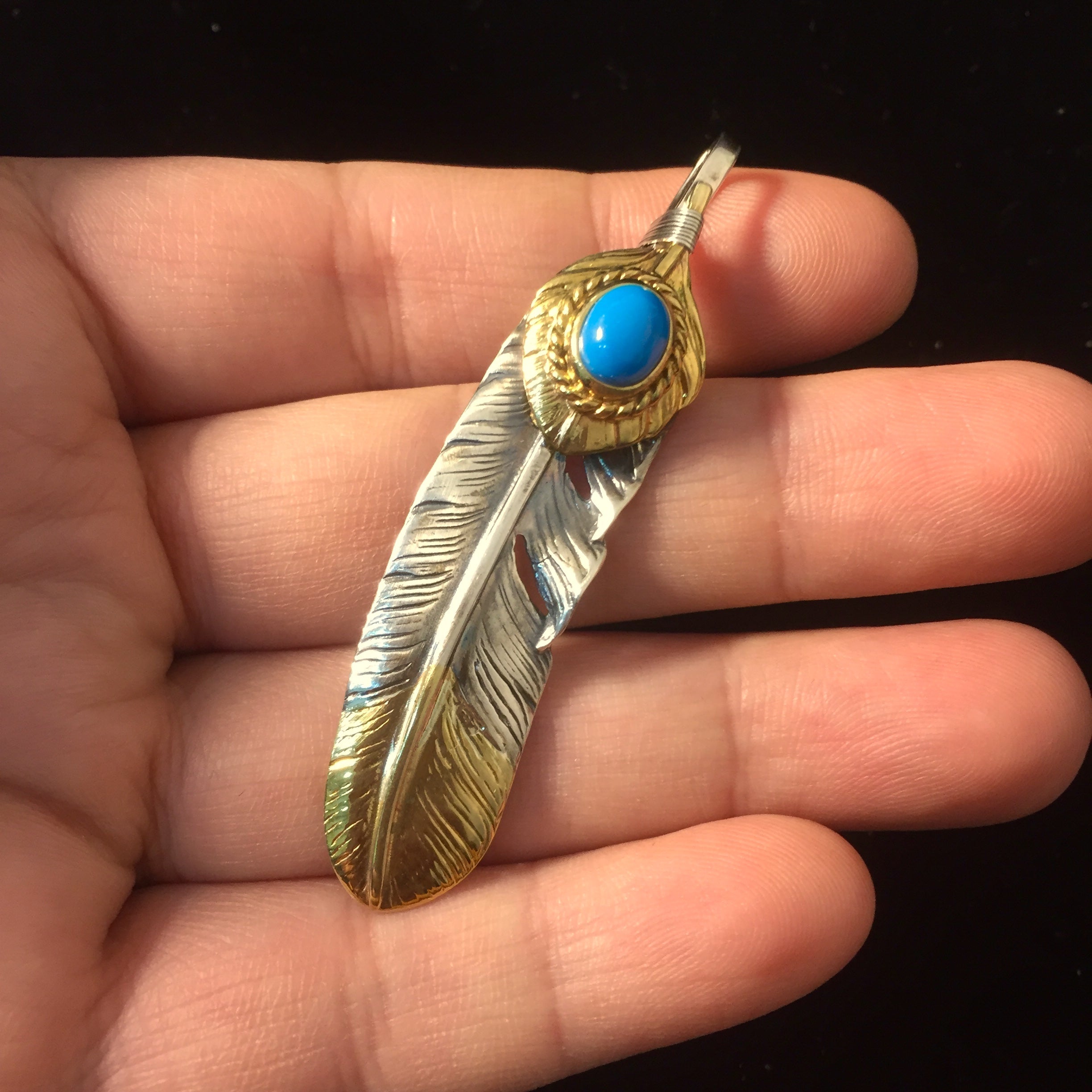 Left John Mayer Necklace Feather Leaf Retro 925 Silver Goro Takahashi Pendant with Brass Turquoise